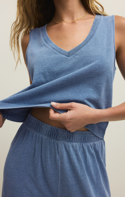 Sloane V-Neck Jersey Denim Top Santorini Indigo