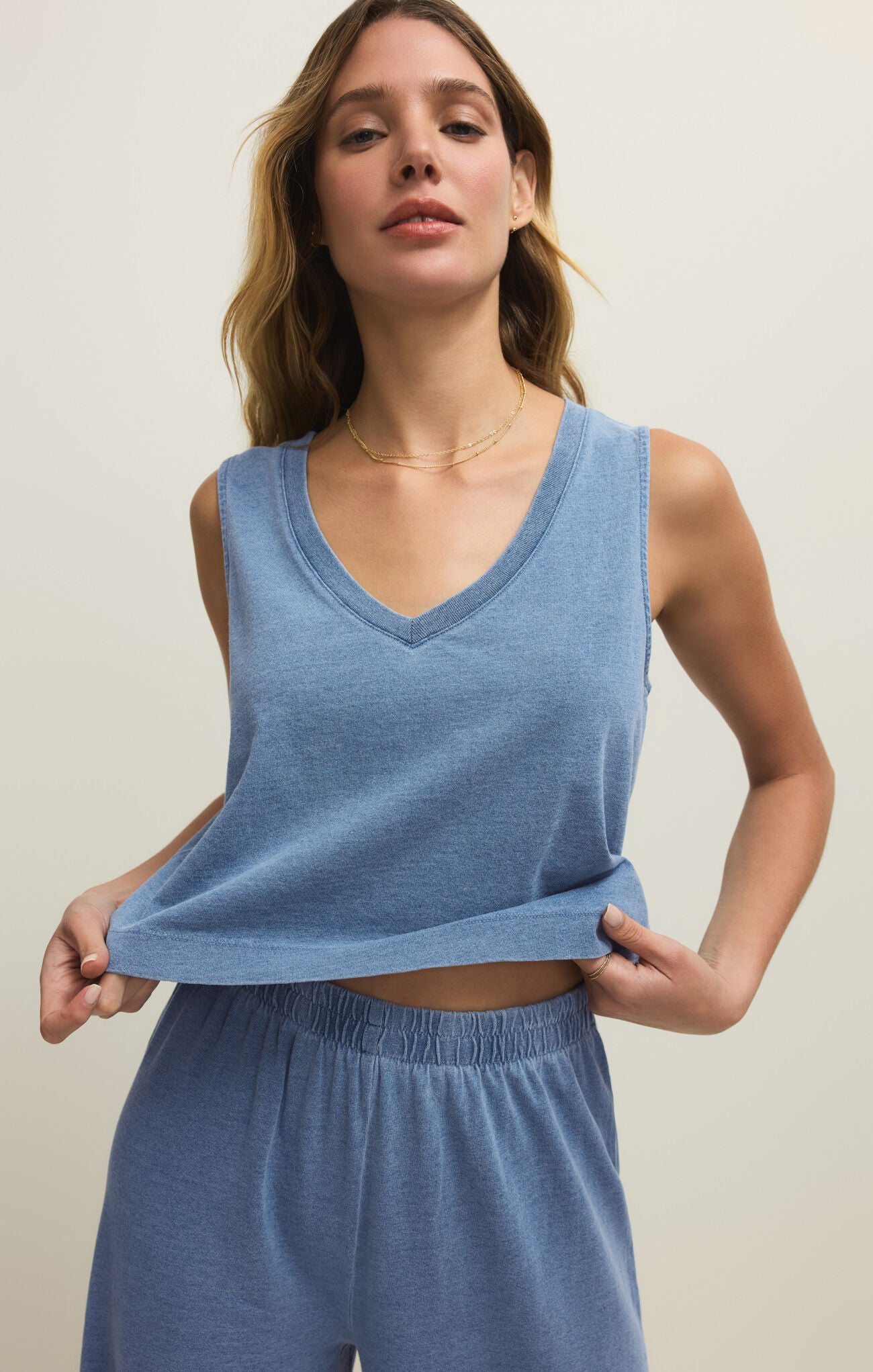 Sloane V-Neck Jersey Denim Top Santorini Indigo