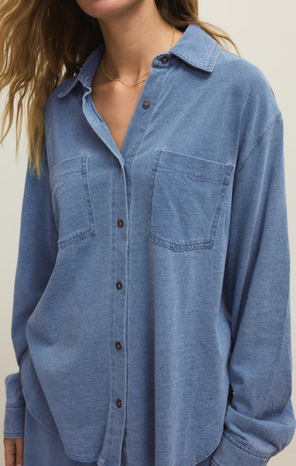 Reese Jersey Denim Button Up Santorini Indigo