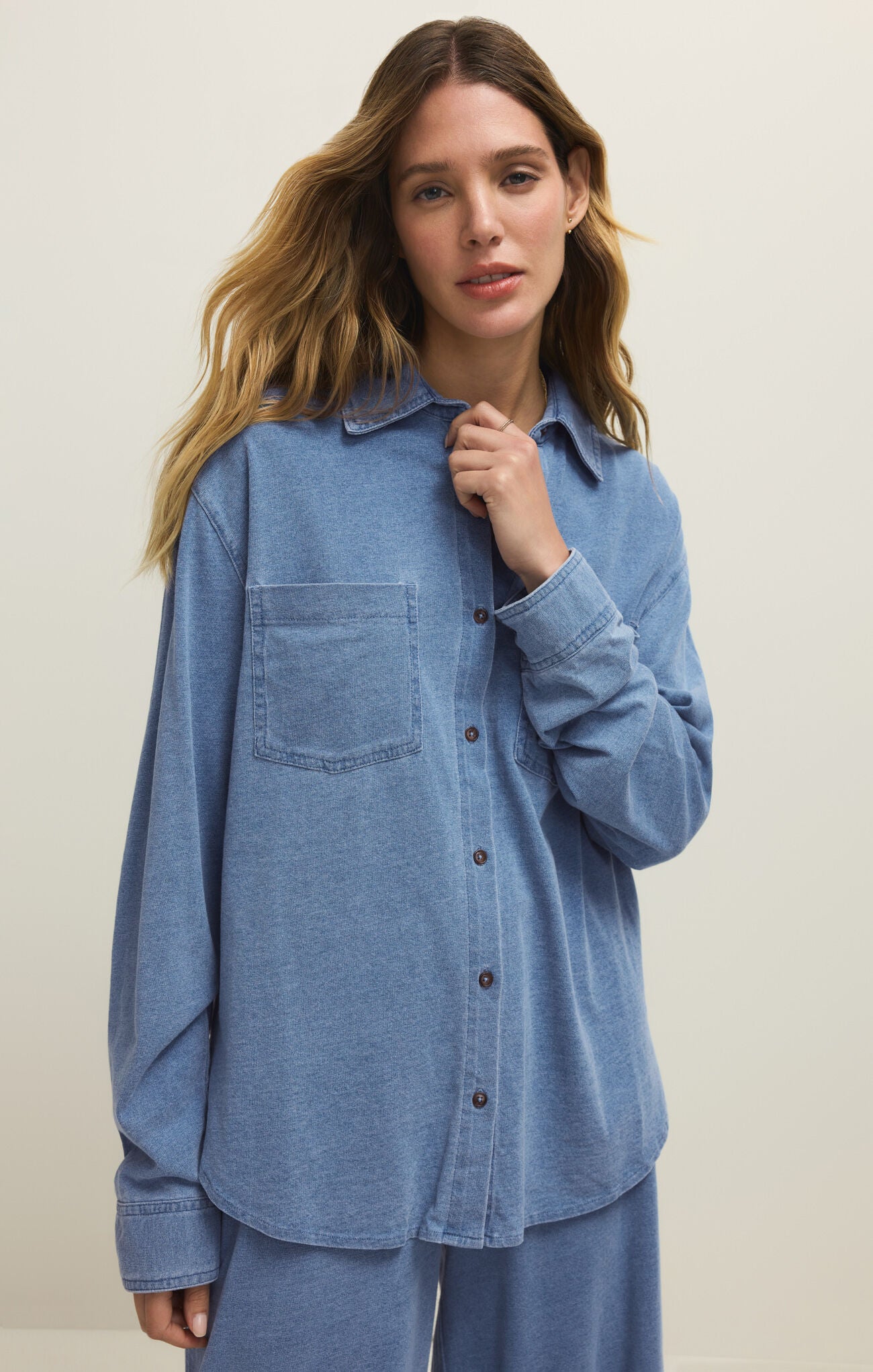 Reese Jersey Denim Button Up Santorini Indigo