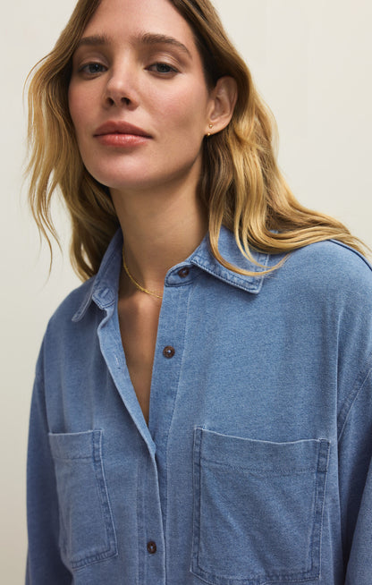 Reese Jersey Denim Button Up Santorini Indigo