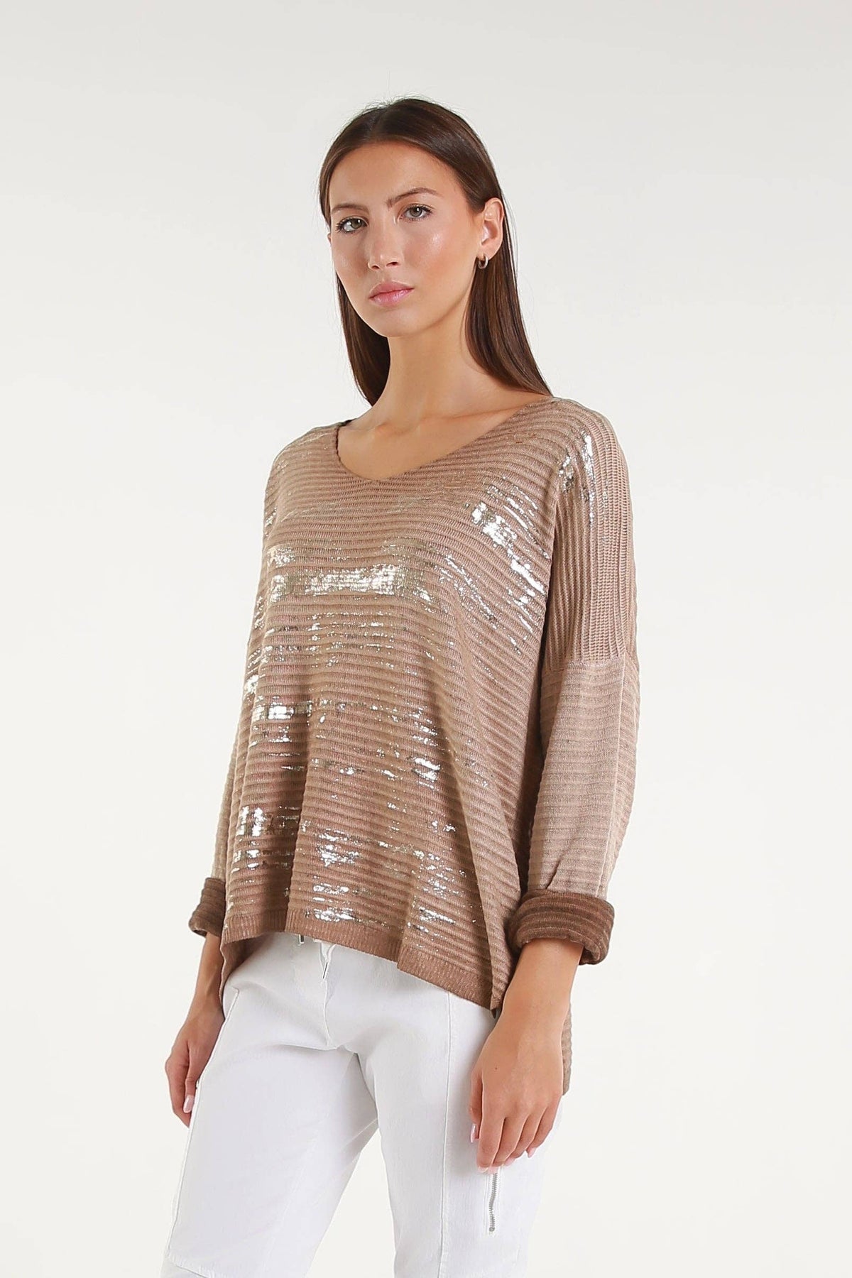 Emilia Metallic Accent Ribbed Knit Top Camel