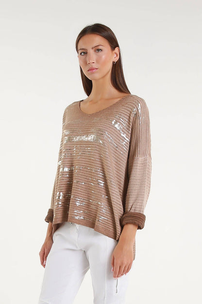 Emilia Metallic Accent Ribbed Knit Top Camel