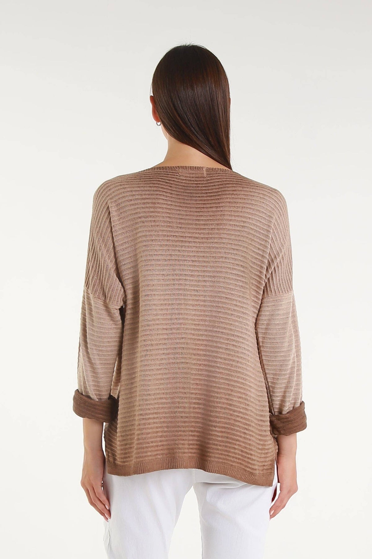 Emilia Metallic Accent Ribbed Knit Top Camel