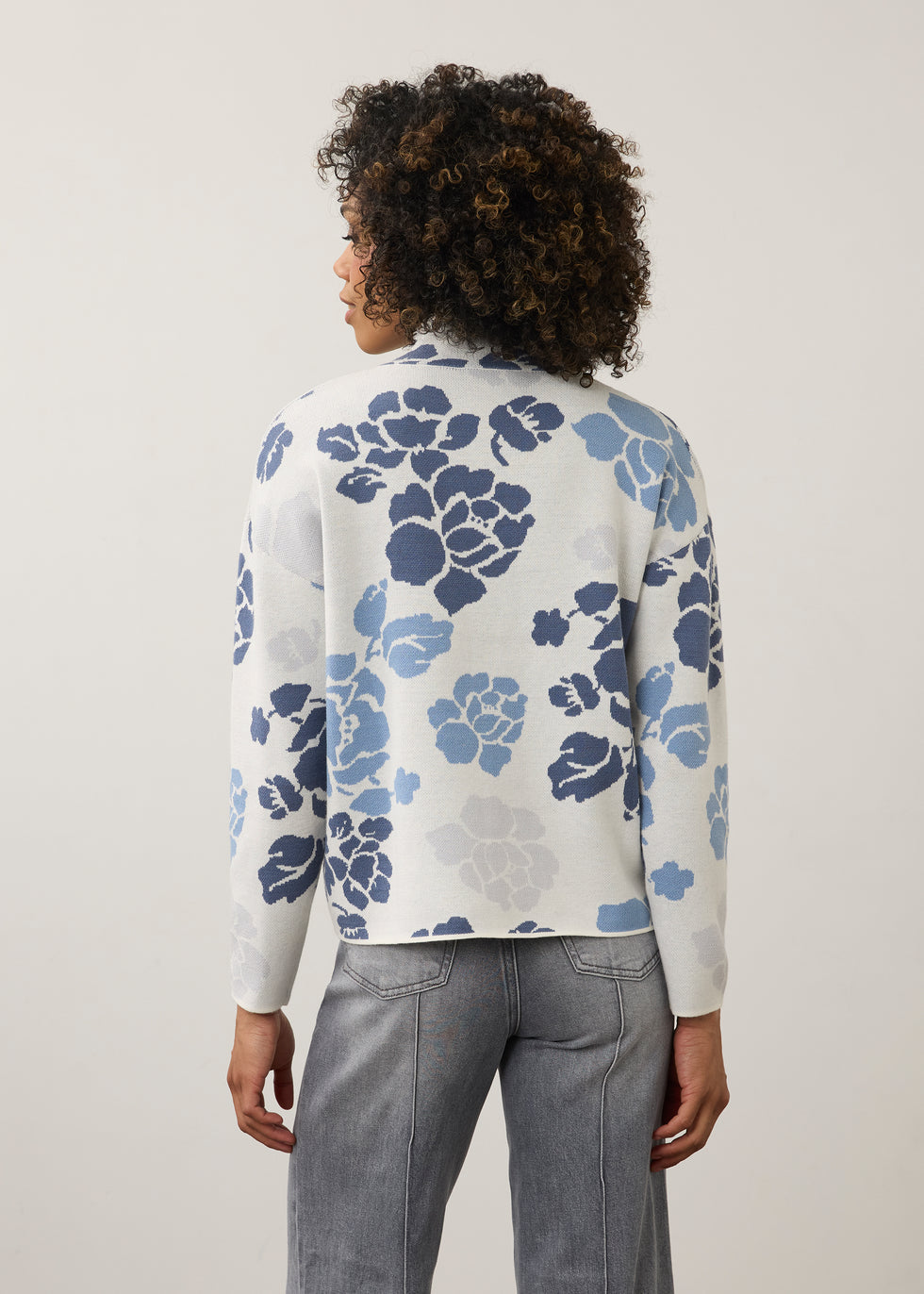 Mock Neck Loose Fit Sweater, Indigo Floral