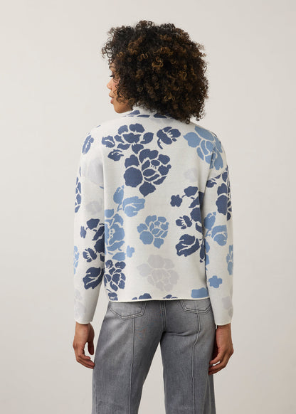 Mock Neck Loose Fit Sweater, Indigo Floral