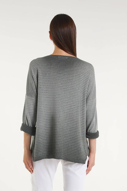 Emilia Metallic Accent Ribbed Knit Top Army