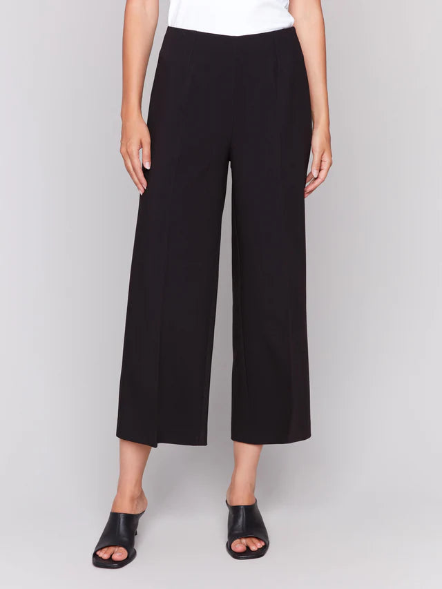 Cropped Side Zipper / Wide Leg Pants - Black