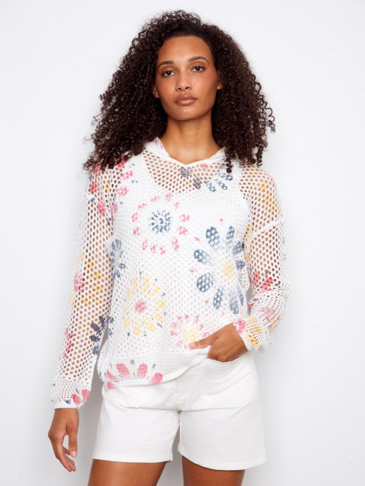 Printed Fishnet Crochet Hoodie Sweater Daisies