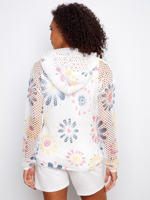 Printed Fishnet Crochet Hoodie Sweater Daisies