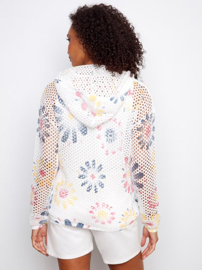 Printed Fishnet Crochet Hoodie Sweater Daisies