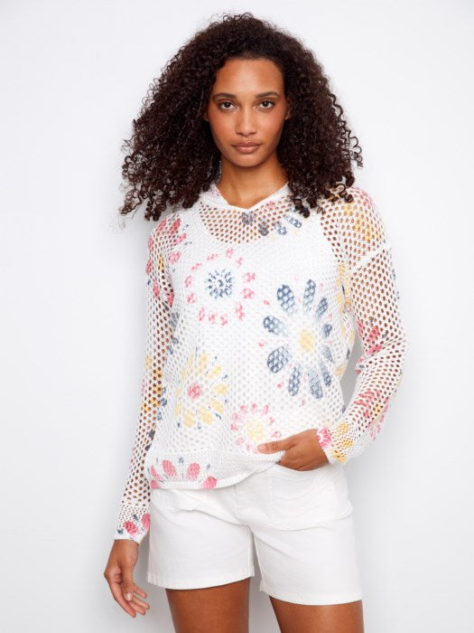 Printed Fishnet Crochet Hoodie Sweater Daisies
