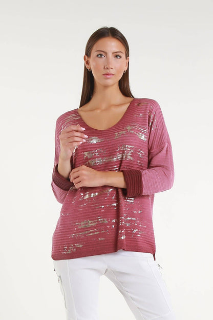 Emilia Metallic Accent Ribbed Knit Top Dark Wine