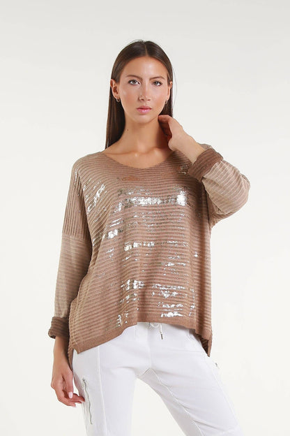 Emilia Metallic Accent Ribbed Knit Top Camel