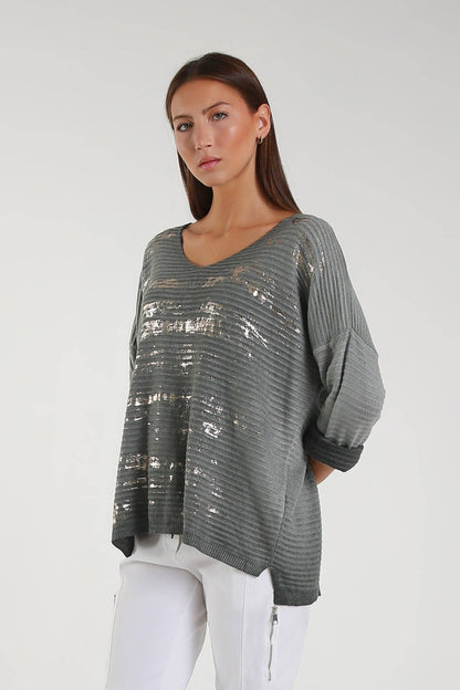 Emilia Metallic Accent Ribbed Knit Top Army