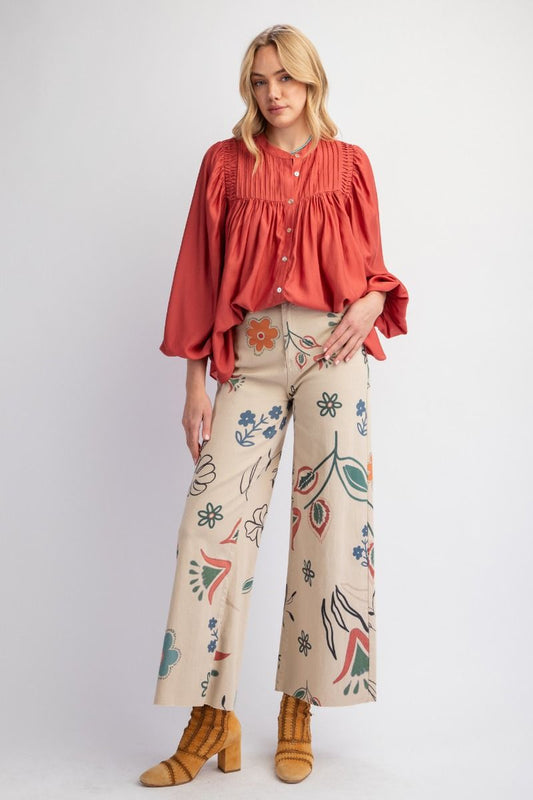 KHAKI PRINTED TWILL WIDE PANTS