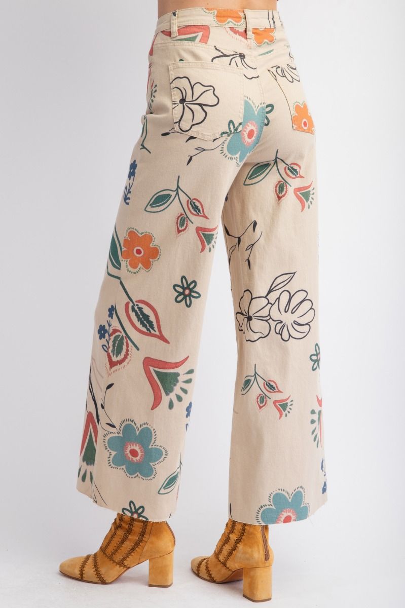 KHAKI PRINTED TWILL WIDE PANTS