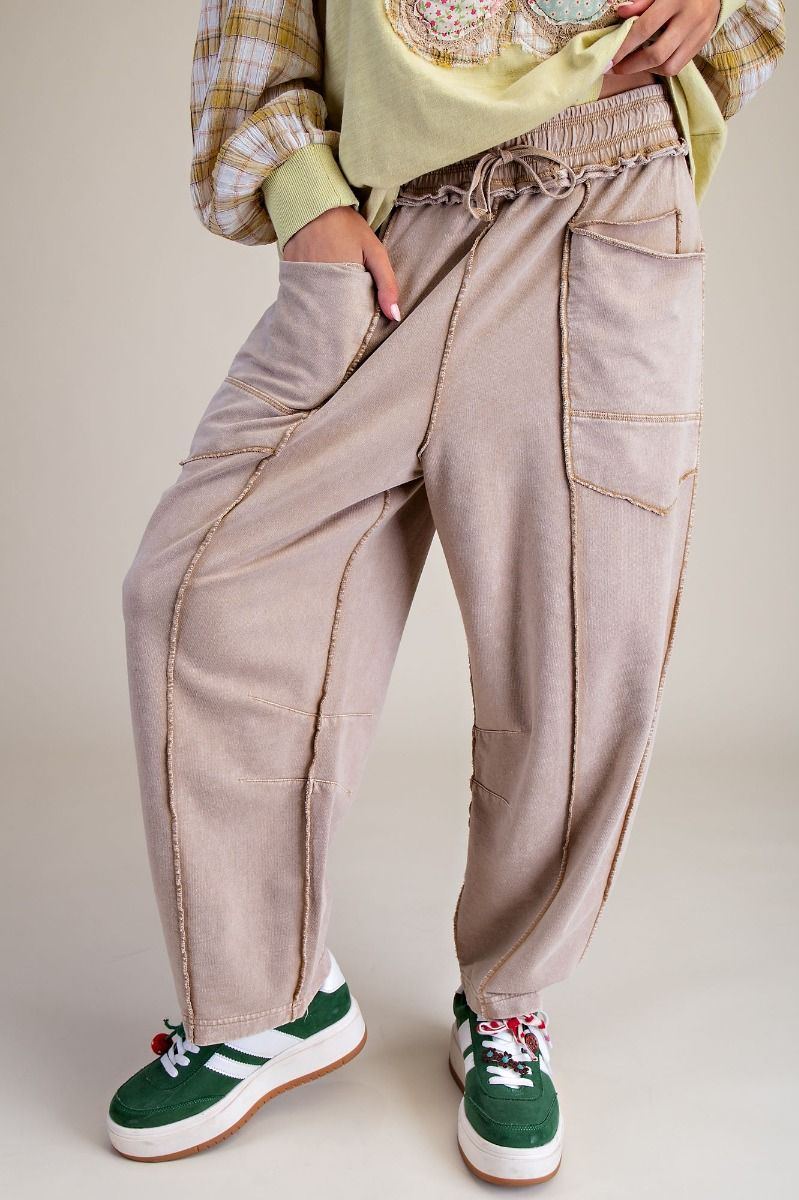 MINERAL WASHED TERRY KNIT BARREL PANTS