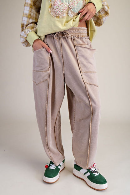 MINERAL WASHED TERRY KNIT BARREL PANTS
