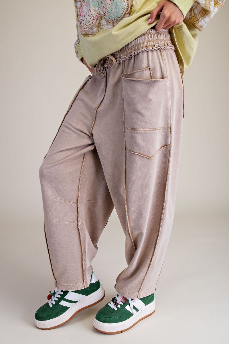 MINERAL WASHED TERRY KNIT BARREL PANTS