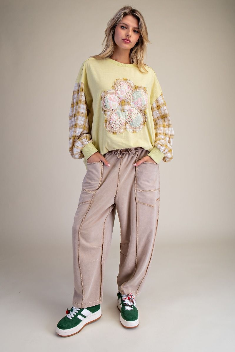 MINERAL WASHED TERRY KNIT BARREL PANTS