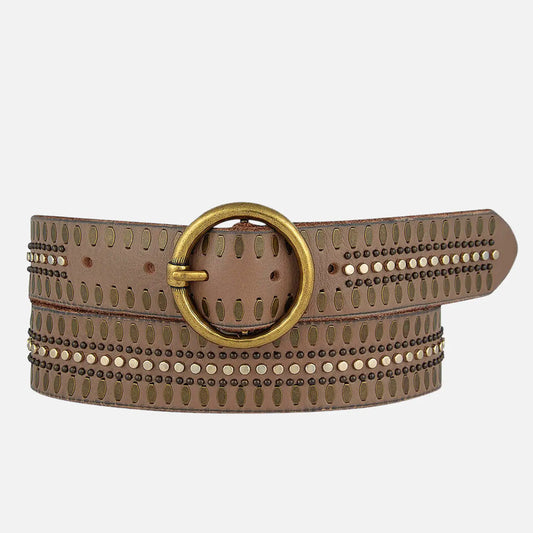 Soraya | Gold Circle Buckle Studded Leather Belt Taupe