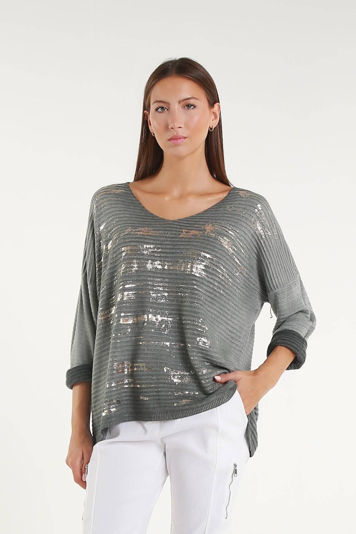 Emilia Metallic Accent Ribbed Knit Top Army