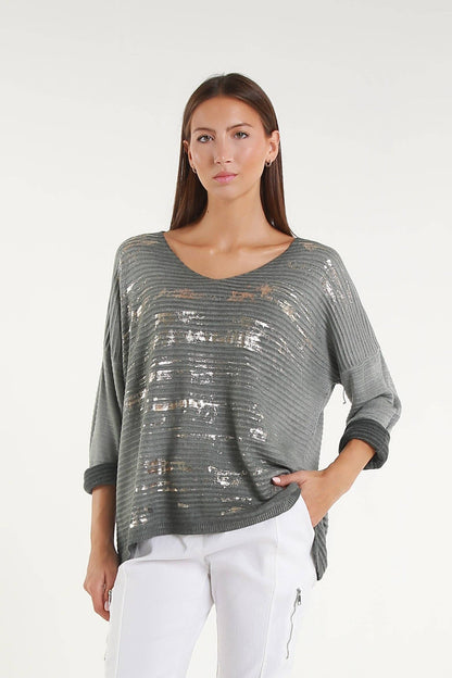 Emilia Metallic Accent Ribbed Knit Top Army