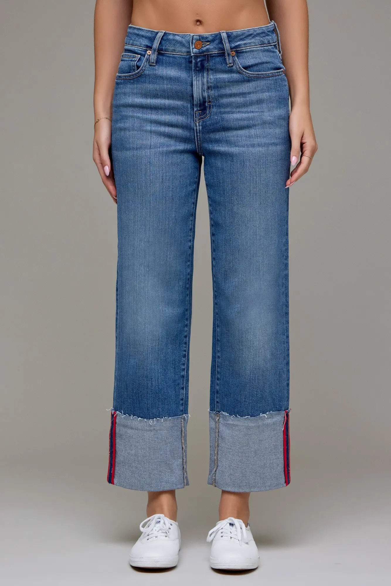 [ELLA] Medium Wash Red Tape Cropped
