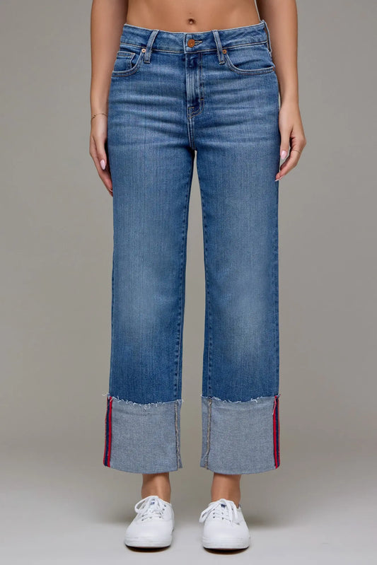 [ELLA] Medium Wash Red Tape Cropped