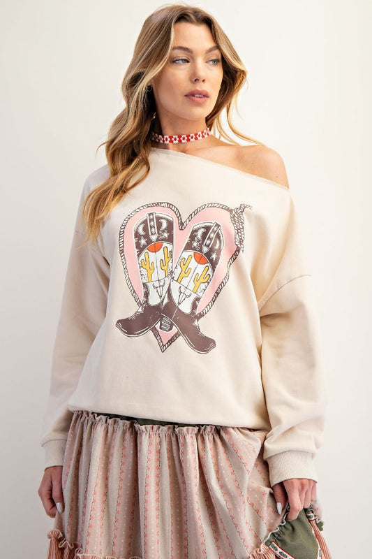 Western Graphic Off-Shoulder Sweatshirt