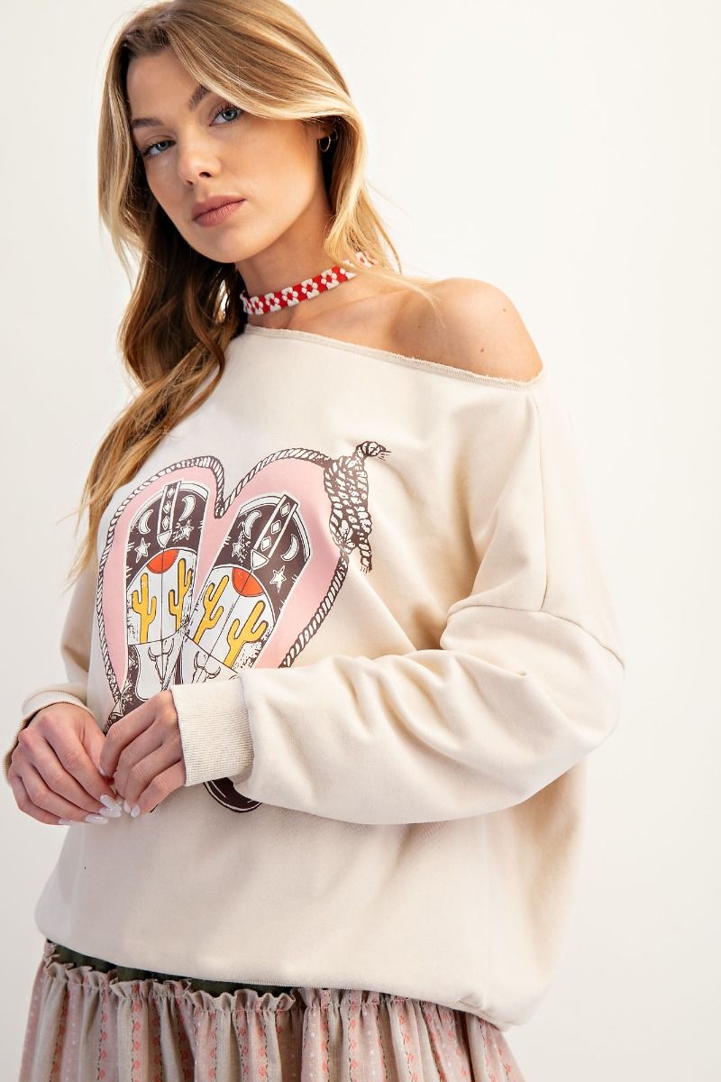 Western Graphic Off-Shoulder Sweatshirt