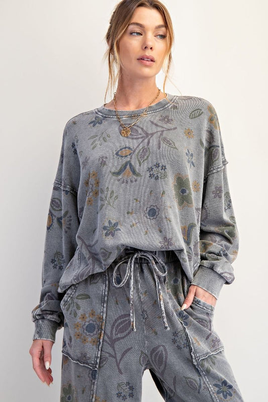 FLORAL PRINT WASHED TERRY PULLOVER