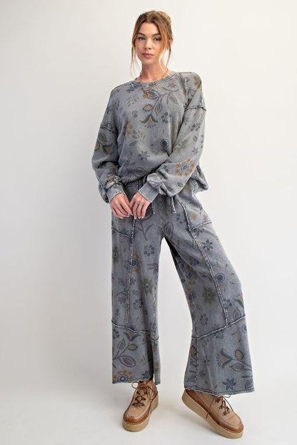 FLORAL PRINT WASHED TERRY PULLOVER