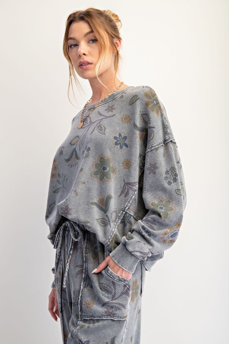 FLORAL PRINT WASHED TERRY PULLOVER
