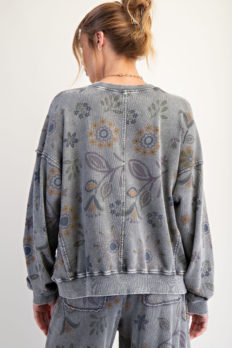 FLORAL PRINT WASHED TERRY PULLOVER