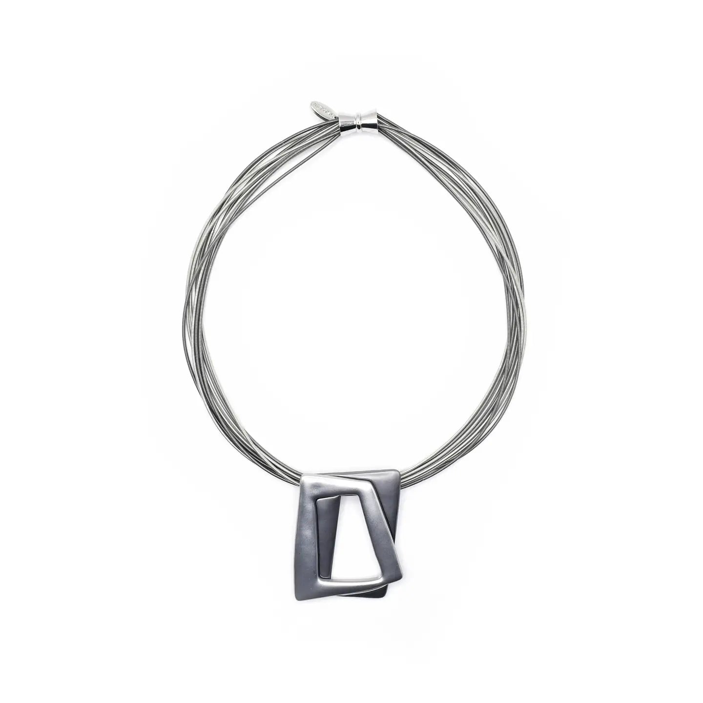 Multi Strand Silver/Slate Wire Necklace with Contemporary Rectangular Double Pendant