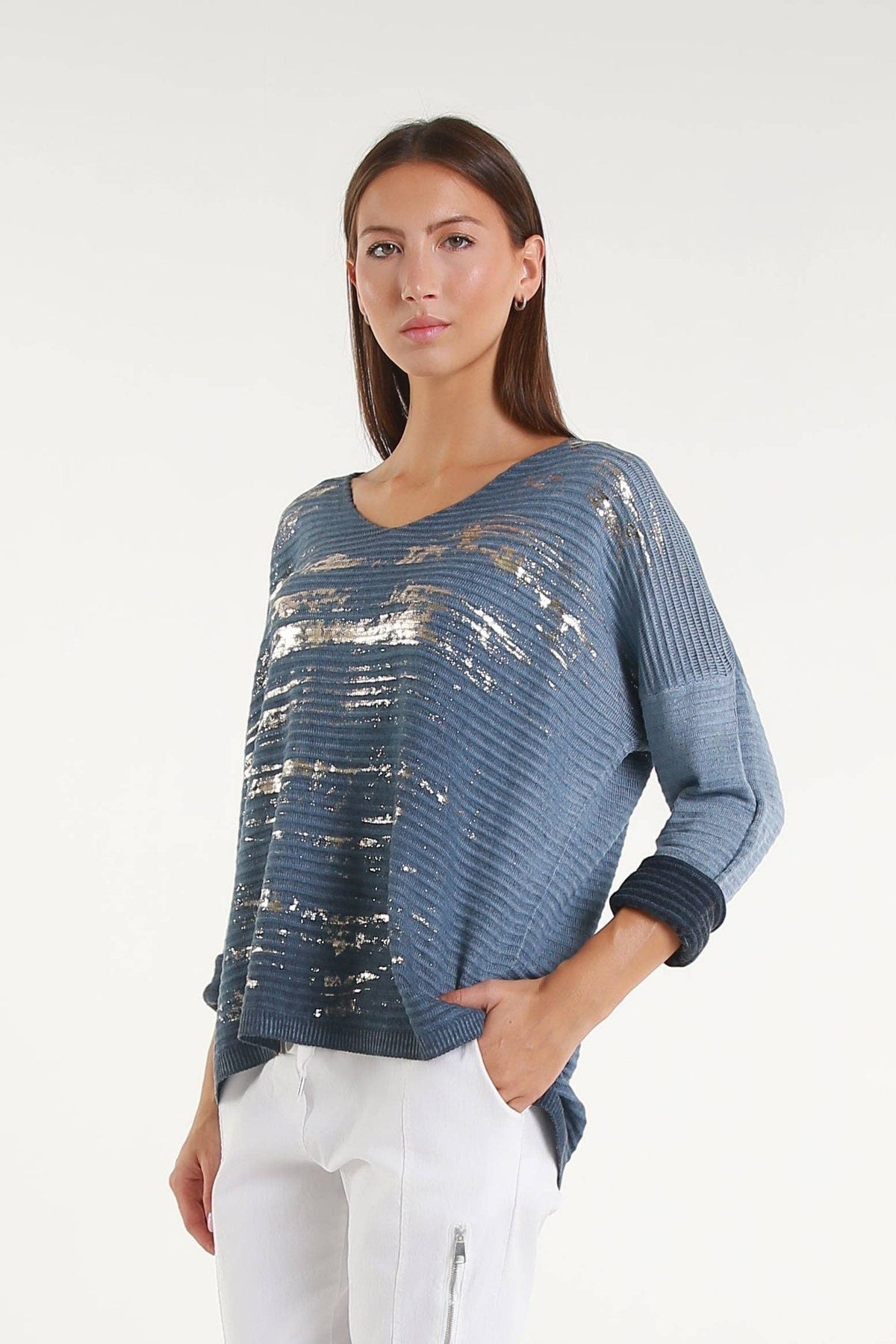 Emilia Metallic Accent Ribbed Knit Top Navy One Size