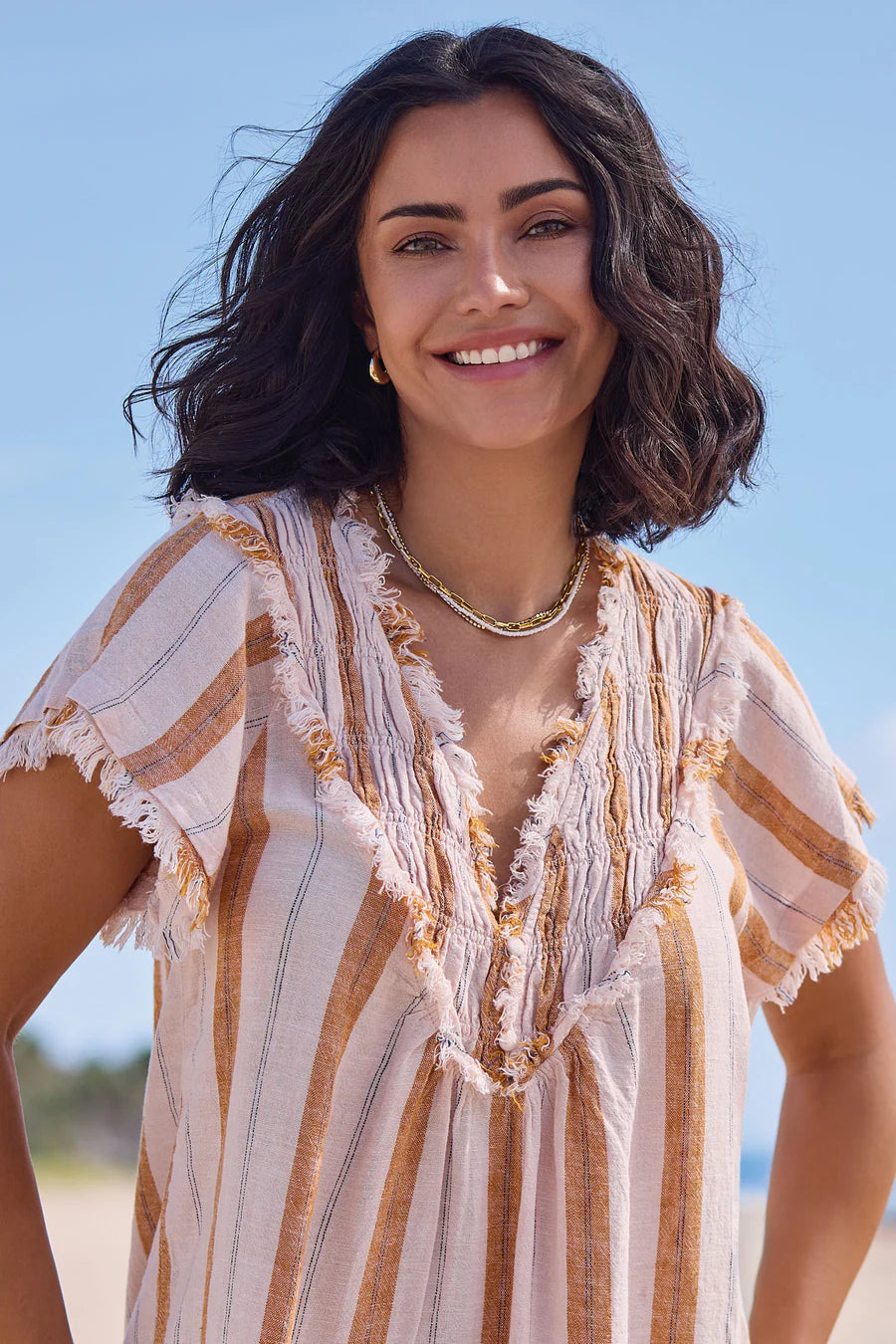Textured Linen Smocked V-Neck Short-Sleeve Blouse