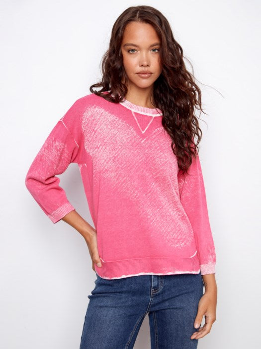 Rounded Hem Cotton Sweater Fuchsia