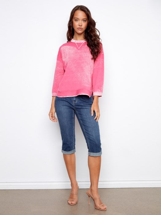 Rounded Hem Cotton Sweater Fuchsia