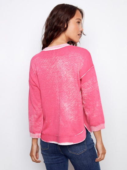 Rounded Hem Cotton Sweater Fuchsia