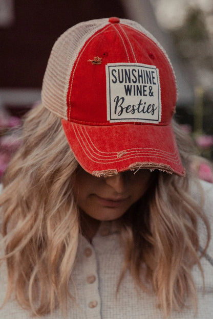 "Sunshine Wine & Besties" Distressed Trucker Cap