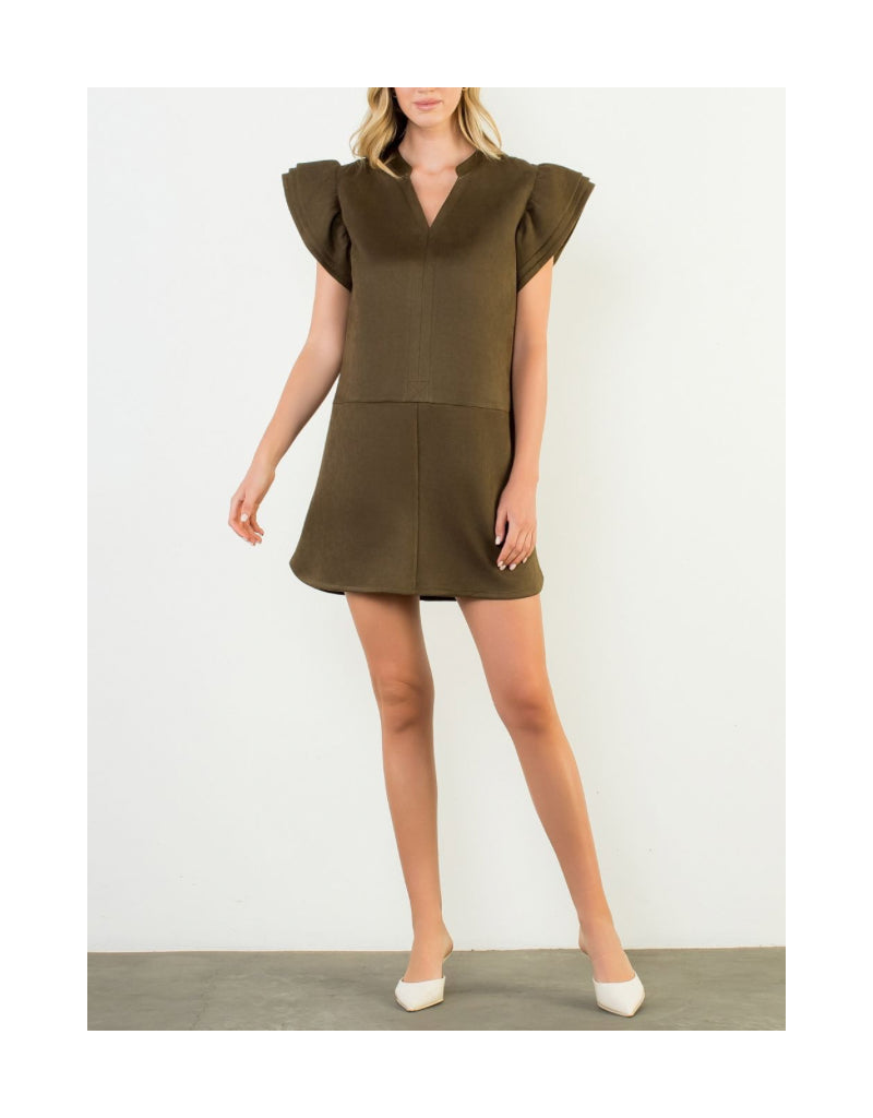 Flutter Sleeve Suede Dress