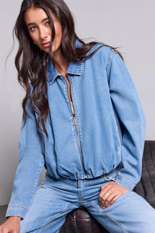 BLUE THREAD Bubble Hem Zip-Front Denim Jacket