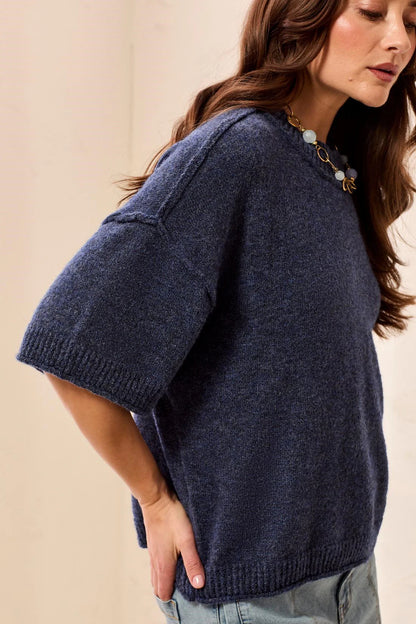 Lightweight Drop Shoulder Crew Neck Elbow Sleeve Sweater