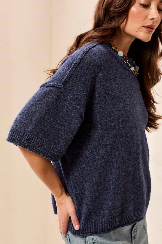 Lightweight Drop Shoulder Crew Neck Elbow Sleeve Sweater
