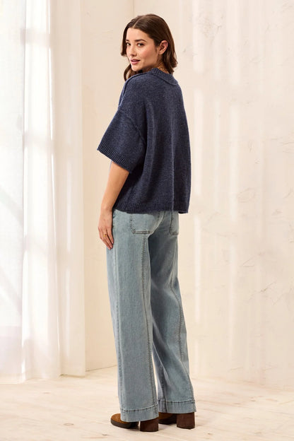 Lightweight Drop Shoulder Crew Neck Elbow Sleeve Sweater