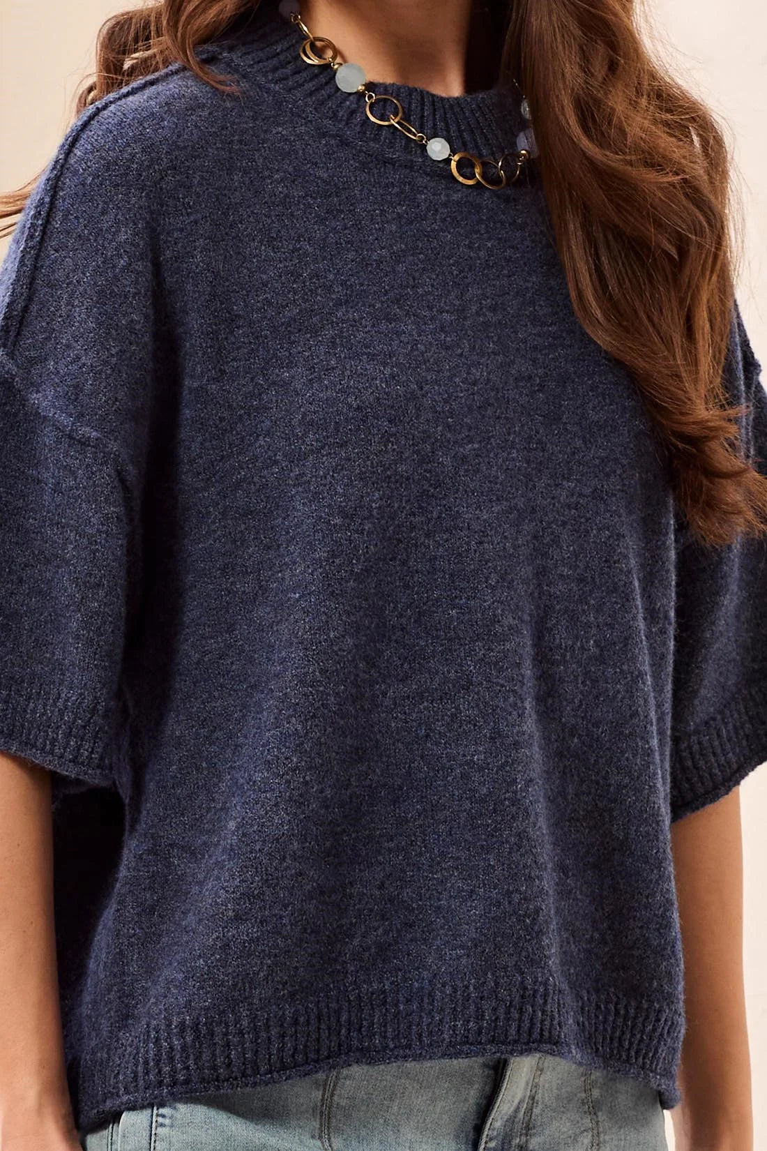 Lightweight Drop Shoulder Crew Neck Elbow Sleeve Sweater