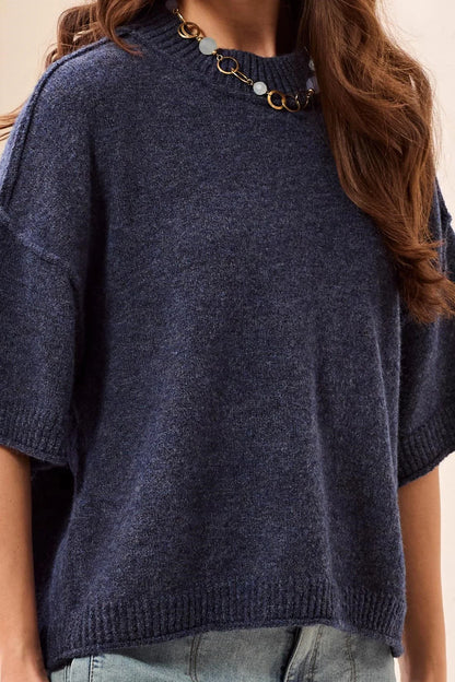 Lightweight Drop Shoulder Crew Neck Elbow Sleeve Sweater